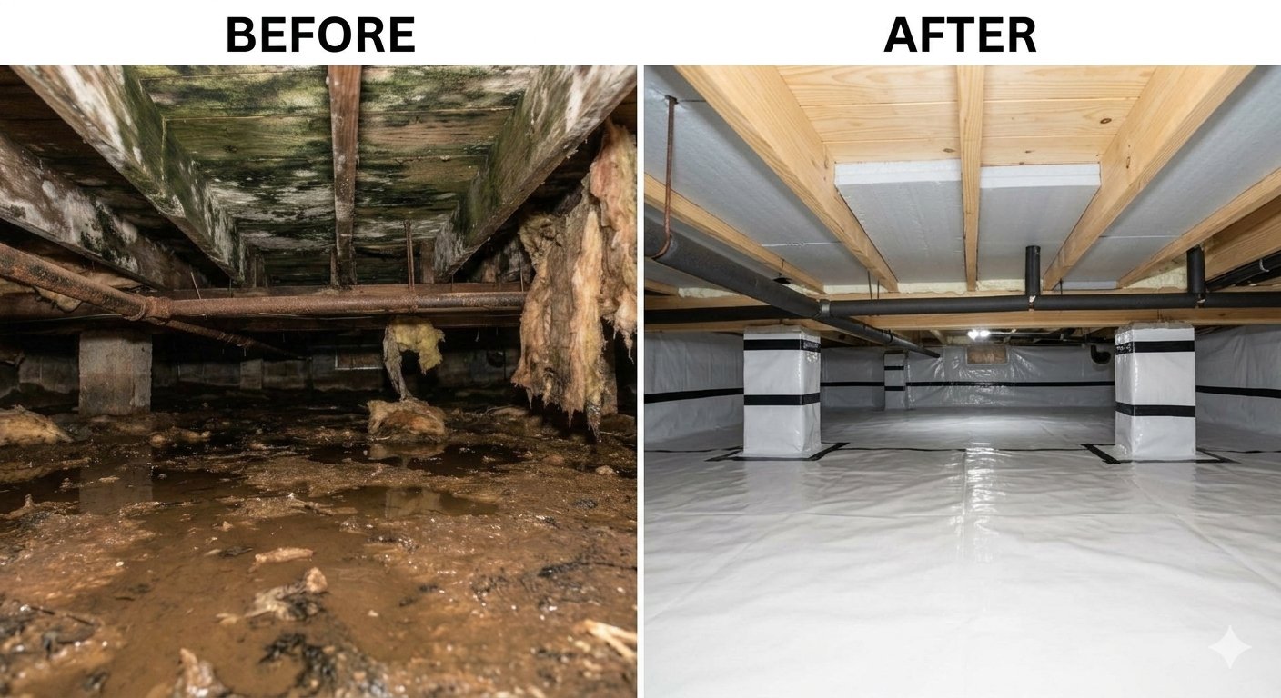 Before and after crawl space encapsulation in Chester County PA — mold and standing water eliminated with vapor barrier installation