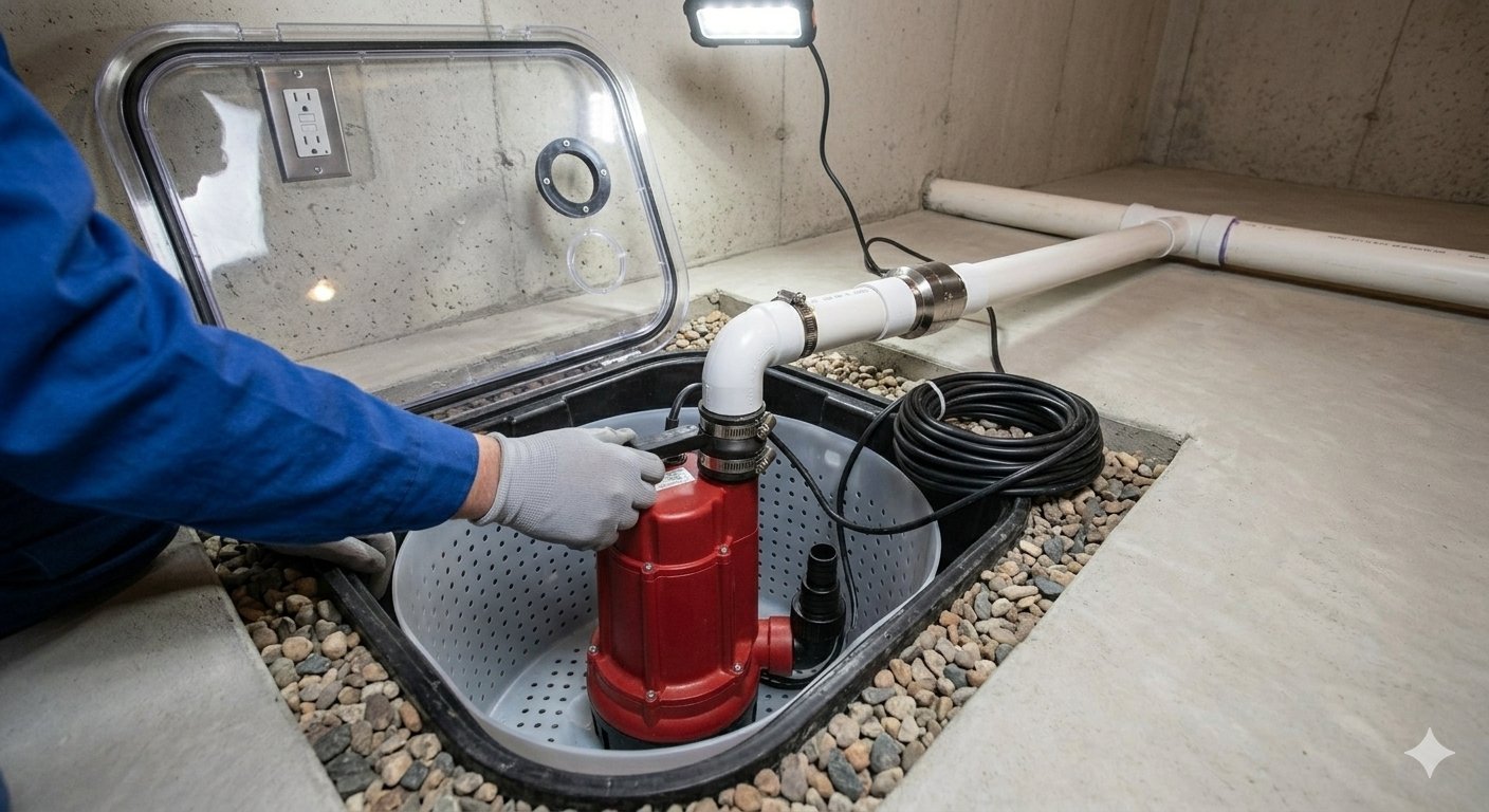 Professional sump pump installation in Chester County PA crawl space — part of complete encapsulation system